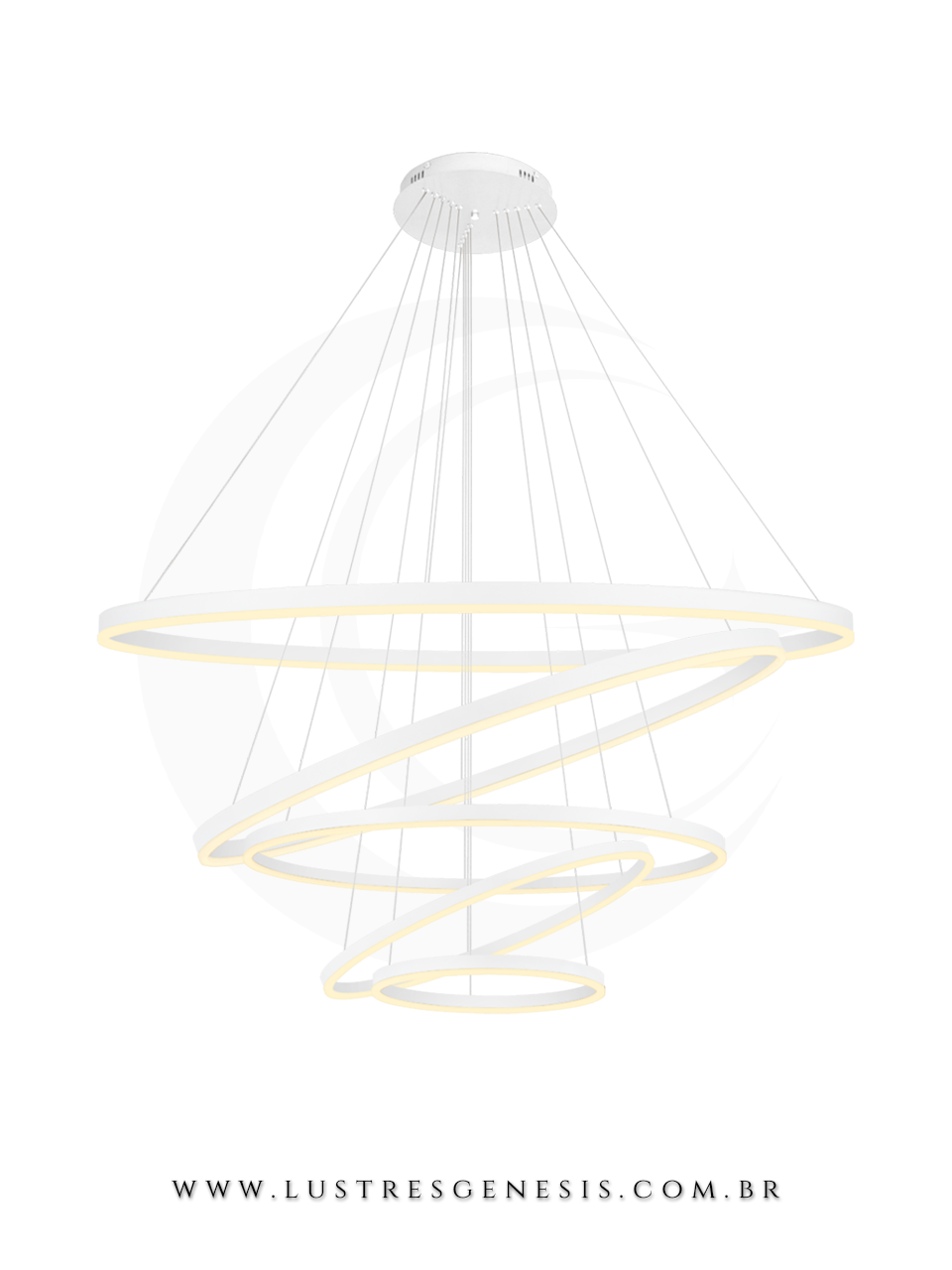 Lustre pendente moderno de LED com cinco anéis em espiral, ideal para pé direito duplo. Lustres Gênesis Site online venda de Lustres e Iluminação